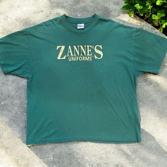 Hanes Vintage 90s Zannes Uniforms Hunter Green Basic T-Shirt Men's XXL - Picture 1 of 8
